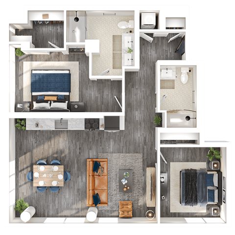 Floor plan for 2 beds, 2 baths, 1211 sqft